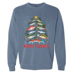 Merry Fishmas Funny Christmas Tree Lights Fish Fishing Rod Gift Garment-Dyed Sweatshirt