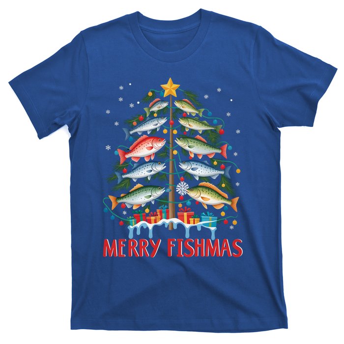 Merry Fishmas Funny Christmas Tree Lights Fish Fishing Rod Gift T-Shirt