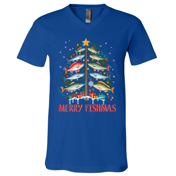 Merry Fishmas Funny Christmas Tree Lights Fish Fishing Rod Gift V-Neck T-Shirt