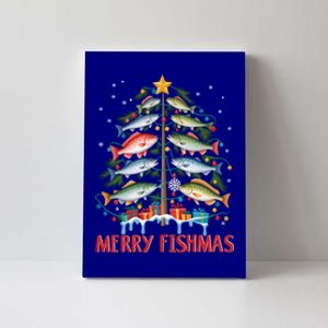 Merry Fishmas Funny Christmas Tree Lights Fish Fishing Rod Gift Canvas