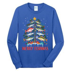 Merry Fishmas Funny Christmas Tree Lights Fish Fishing Rod Gift Tall Long Sleeve T-Shirt