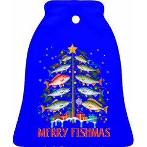 Merry Fishmas Funny Christmas Tree Lights Fish Fishing Rod Gift Ceramic Bell Ornament