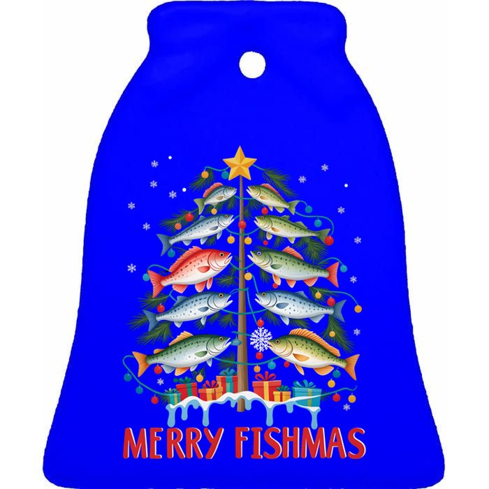 Merry Fishmas Funny Christmas Tree Lights Fish Fishing Rod Gift Ceramic Bell Ornament