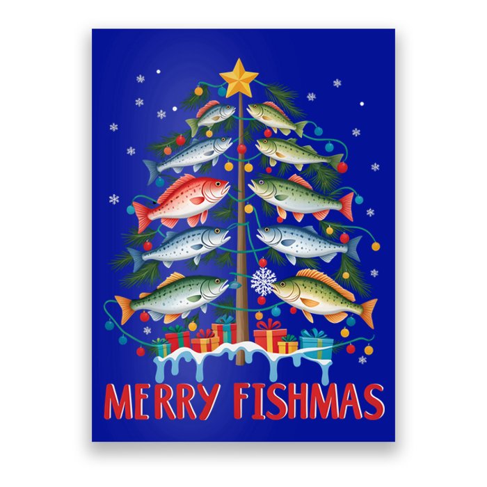 Merry Fishmas Funny Christmas Tree Lights Fish Fishing Rod Gift Poster