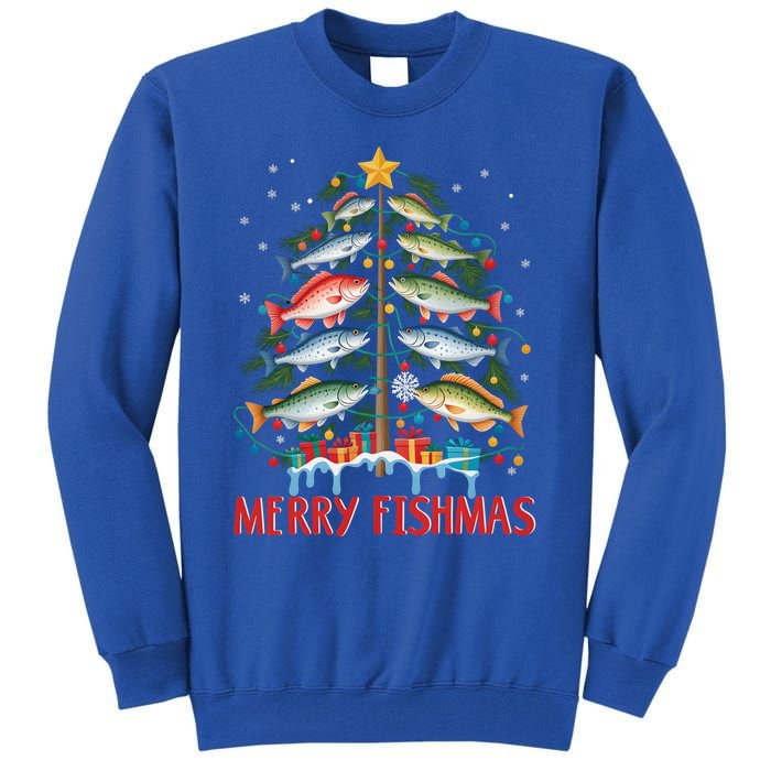 Merry Fishmas Funny Christmas Tree Lights Fish Fishing Rod Gift Tall Sweatshirt