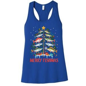 Merry Fishmas Funny Christmas Tree Lights Fish Fishing Rod Gift Women's Racerback Tank