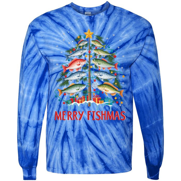 Merry Fishmas Funny Christmas Tree Lights Fish Fishing Rod Gift Tie-Dye Long Sleeve Shirt