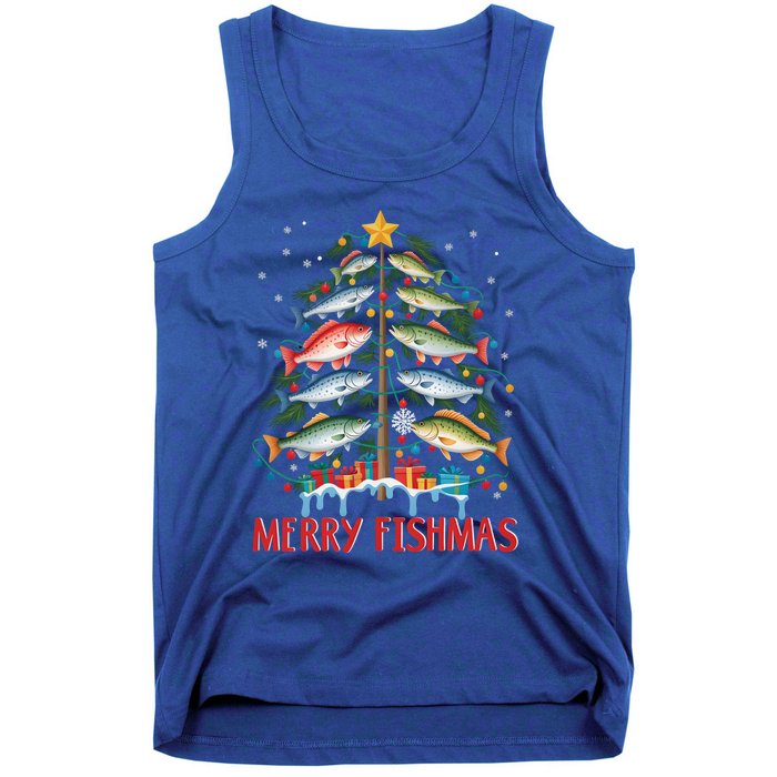 Merry Fishmas Funny Christmas Tree Lights Fish Fishing Rod Gift Tank Top