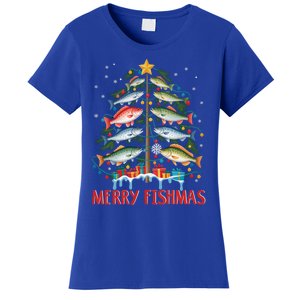 Merry Fishmas Funny Christmas Tree Lights Fish Fishing Rod Gift Women's T-Shirt