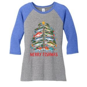 Merry Fishmas Funny Christmas Tree Lights Fish Fishing Rod Gift Women's Tri-Blend 3/4-Sleeve Raglan Shirt