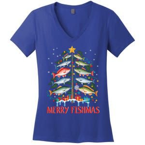 Merry Fishmas Funny Christmas Tree Lights Fish Fishing Rod Gift Women's V-Neck T-Shirt