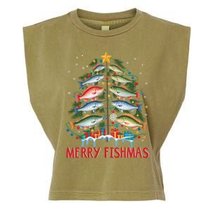 Merry Fishmas Funny Christmas Tree Lights Fish Fishing Rod Gift Garment-Dyed Women's Muscle Tee