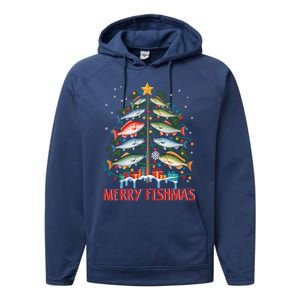 Merry Fishmas Funny Christmas Tree Lights Fish Fishing Rod Gift Performance Fleece Hoodie