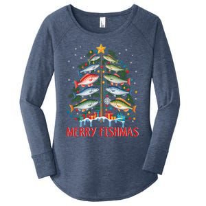 Merry Fishmas Funny Christmas Tree Lights Fish Fishing Rod Gift Women's Perfect Tri Tunic Long Sleeve Shirt