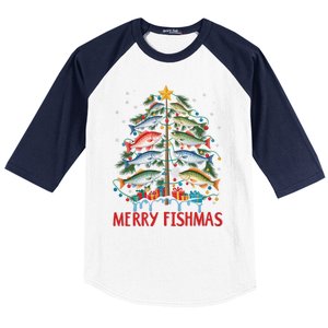 Merry Fishmas Funny Christmas Tree Lights Fish Fishing Rod Gift Baseball Sleeve Shirt