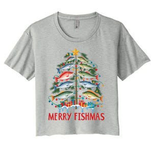 Merry Fishmas Funny Christmas Tree Lights Fish Fishing Rod Gift Women's Crop Top Tee