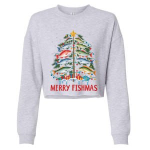 Merry Fishmas Funny Christmas Tree Lights Fish Fishing Rod Gift Cropped Pullover Crew