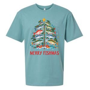 Merry Fishmas Funny Christmas Tree Lights Fish Fishing Rod Gift Sueded Cloud Jersey T-Shirt