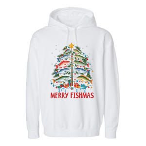 Merry Fishmas Funny Christmas Tree Lights Fish Fishing Rod Gift Garment-Dyed Fleece Hoodie