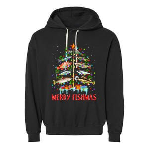 Merry Fishmas Funny Christmas Tree Lights Fish Fishing Rod Garment-Dyed Fleece Hoodie