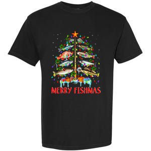 Merry Fishmas Funny Christmas Tree Lights Fish Fishing Rod Garment-Dyed Heavyweight T-Shirt