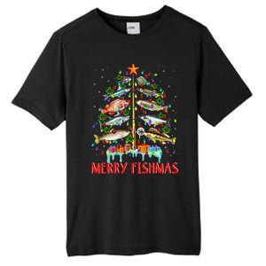 Merry Fishmas Funny Christmas Tree Lights Fish Fishing Rod Tall Fusion ChromaSoft Performance T-Shirt