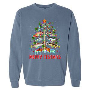 Merry Fishmas Funny Christmas Tree Lights Fish Fishing Rod Garment-Dyed Sweatshirt