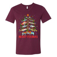 Merry Fishmas Funny Christmas Tree Lights Fish Fishing Rod V-Neck T-Shirt