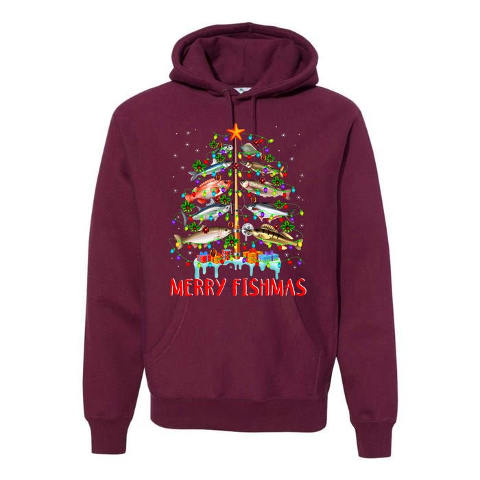 Merry Fishmas Funny Christmas Tree Lights Fish Fishing Rod Premium Hoodie