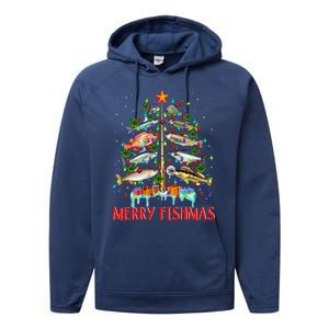 Merry Fishmas Funny Christmas Tree Lights Fish Fishing Rod Performance Fleece Hoodie