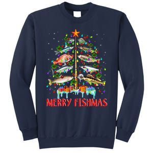 Merry Fishmas Funny Christmas Tree Lights Fish Fishing Rod Sweatshirt