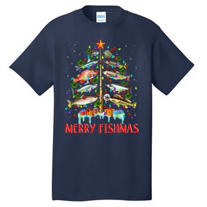 Merry Fishmas Funny Christmas Tree Lights Fish Fishing Rod Tall T-Shirt