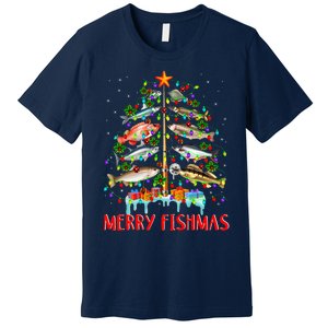 Merry Fishmas Funny Christmas Tree Lights Fish Fishing Rod Premium T-Shirt