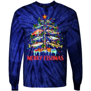 Merry Fishmas Funny Christmas Tree Lights Fish Fishing Rod Tie-Dye Long Sleeve Shirt