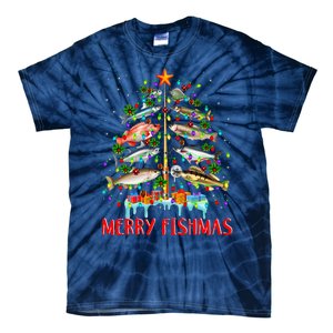 Merry Fishmas Funny Christmas Tree Lights Fish Fishing Rod Tie-Dye T-Shirt