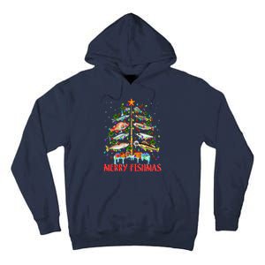 Merry Fishmas Funny Christmas Tree Lights Fish Fishing Rod Tall Hoodie