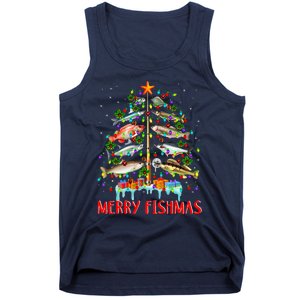 Merry Fishmas Funny Christmas Tree Lights Fish Fishing Rod Tank Top