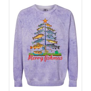 Merry Fishmas Funny Fisher Christmas Tree Fishing Pajama Colorblast Crewneck Sweatshirt