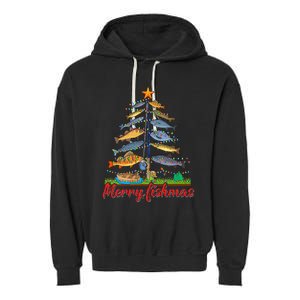 Merry Fishmas Funny Fisher Christmas Tree Fishing Pajama Garment-Dyed Fleece Hoodie