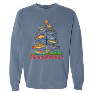 Merry Fishmas Funny Fisher Christmas Tree Fishing Pajama Garment-Dyed Sweatshirt