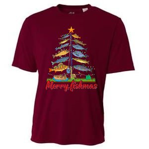 Merry Fishmas Funny Fisher Christmas Tree Fishing Pajama Cooling Performance Crew T-Shirt