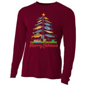 Merry Fishmas Funny Fisher Christmas Tree Fishing Pajama Cooling Performance Long Sleeve Crew