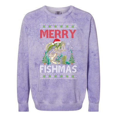 Merry Fishmas Fishing Ugly Christmas Large Mouth Bass Colorblast Crewneck Sweatshirt