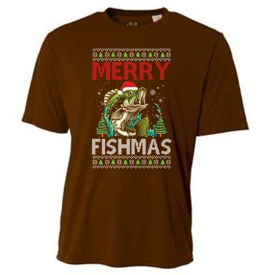 Merry Fishmas Fishing Ugly Christmas Large Mouth Bass Cooling Performance Crew T-Shirt