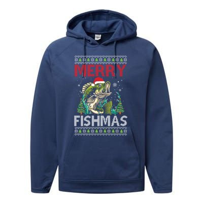 Merry Fishmas Fishing Ugly Christmas Large Mouth Bass Performance Fleece Hoodie