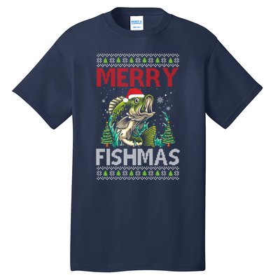 Merry Fishmas Fishing Ugly Christmas Large Mouth Bass Tall T-Shirt