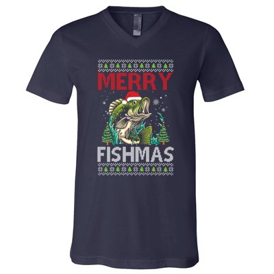 Merry Fishmas Fishing Ugly Christmas Large Mouth Bass V-Neck T-Shirt