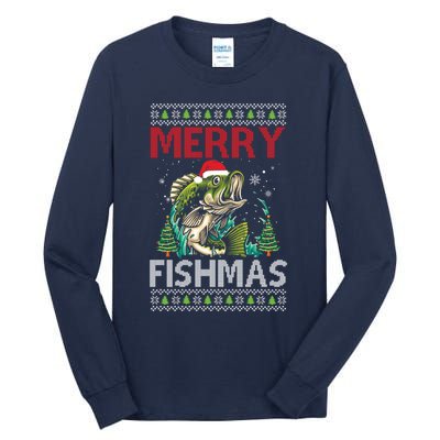 Merry Fishmas Fishing Ugly Christmas Large Mouth Bass Tall Long Sleeve T-Shirt