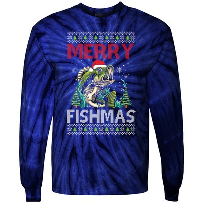 Merry Fishmas Fishing Ugly Christmas Large Mouth Bass Tie-Dye Long Sleeve Shirt