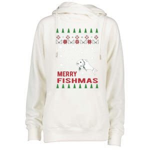 Merry Fishmas Fishing Ugly Christmas Style Meaningful Gift Womens Funnel Neck Pullover Hood